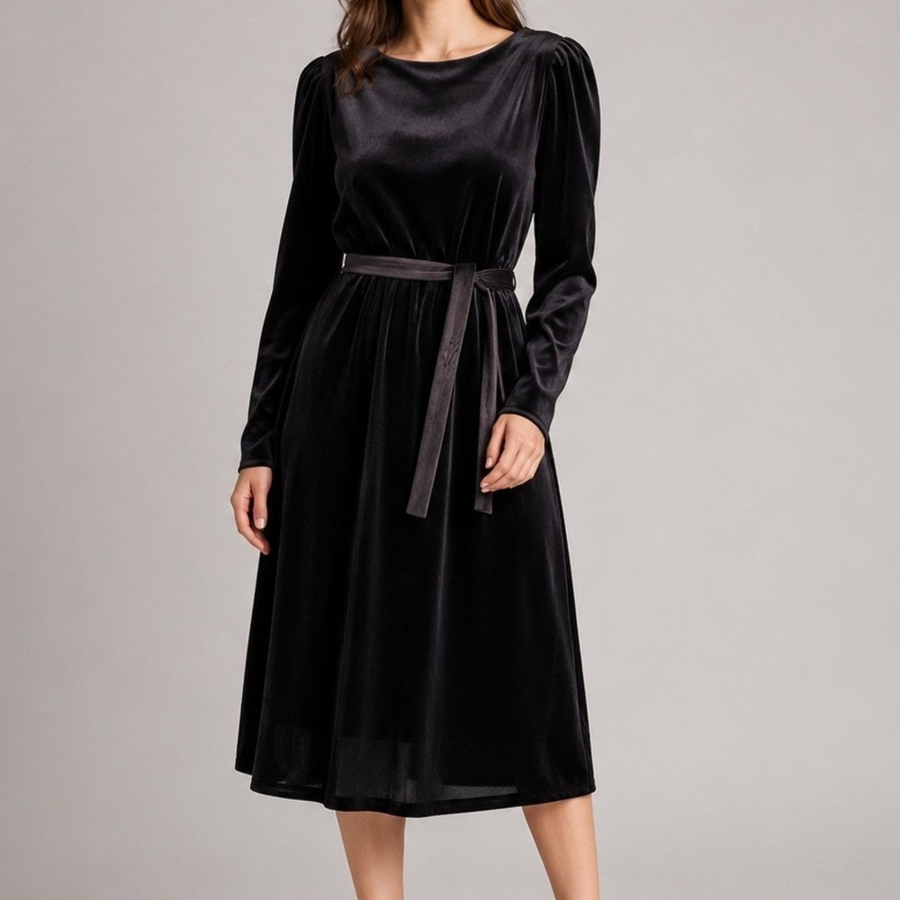 Vintage 80s J.M. II Black Velvet Arnel Nylon Dress Pearl Buttons Belted